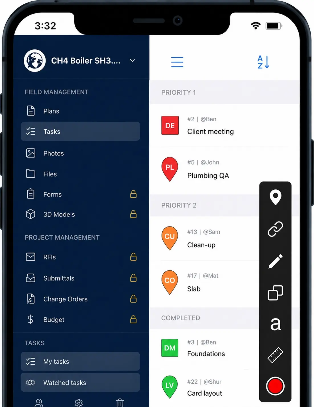 FieldShield mobile app – jobsite task management screen